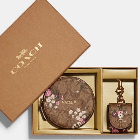 Coach Handbags - NIB Coach Tech Set AirPods Earbud case + coin purse in floral signature brown C